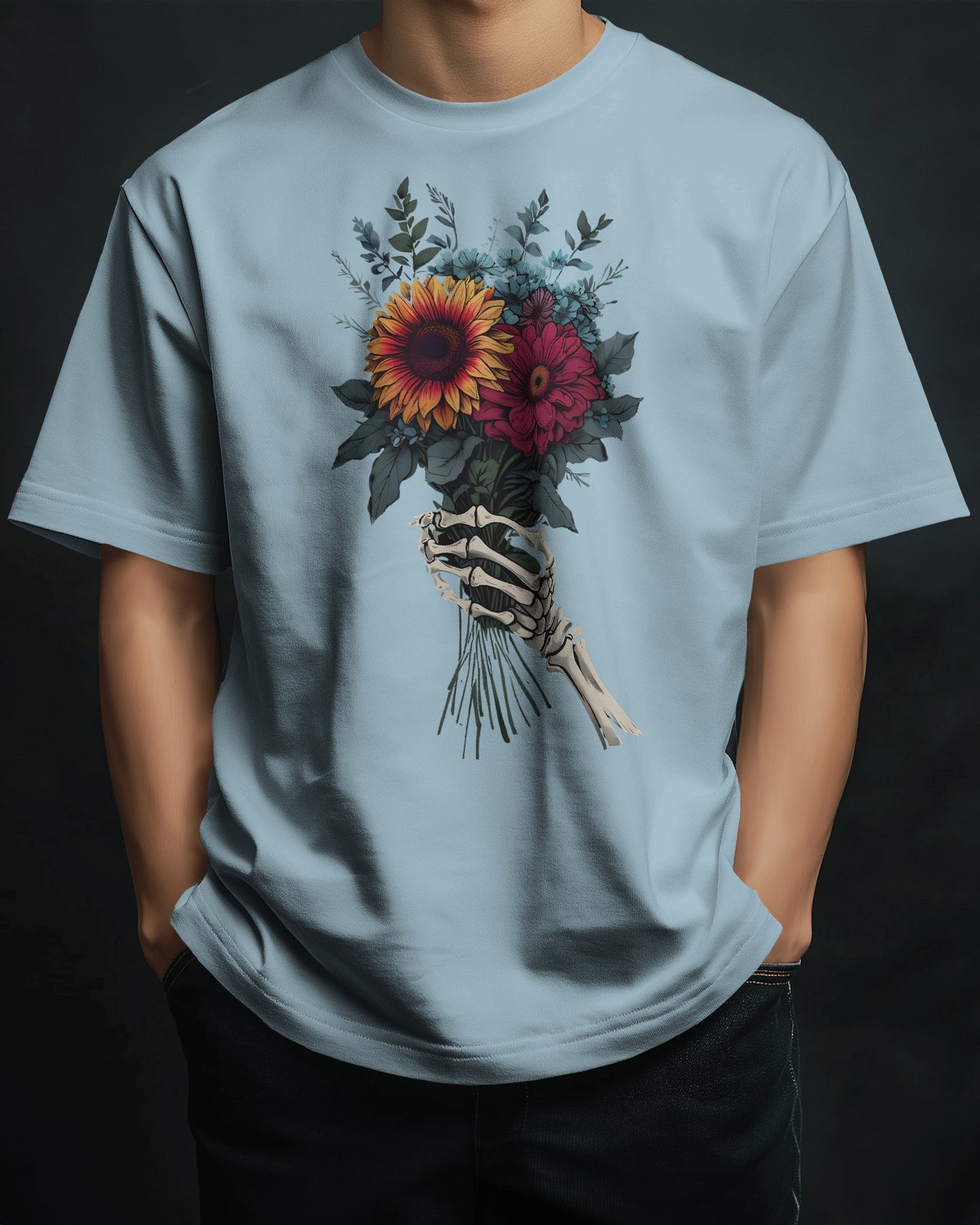 AVIKA- Unisex Front Printed Flower and Skull Hand Oversized T-shirt