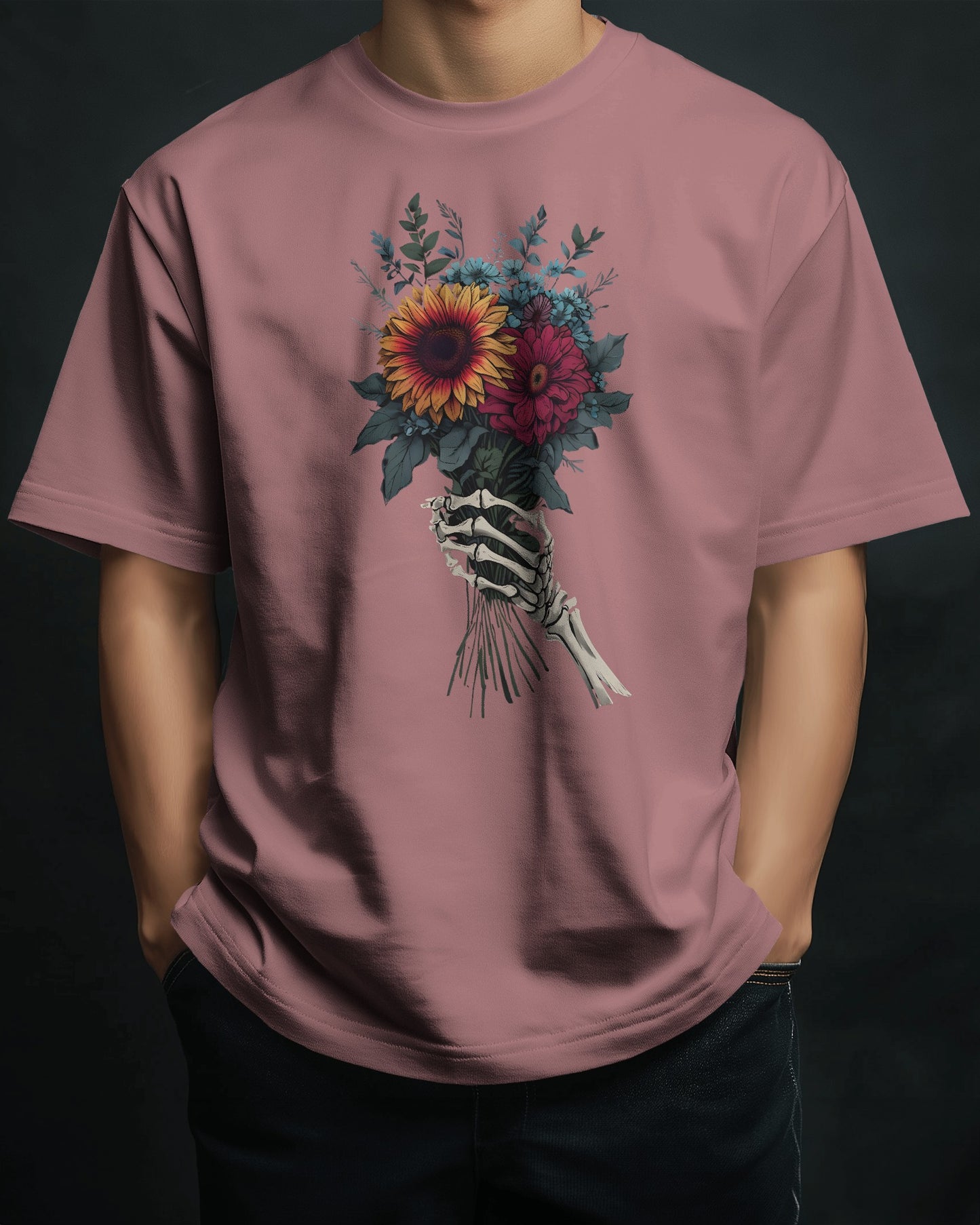 AVIKA- Unisex Front Printed Flower and Skull Hand Oversized T-shirt