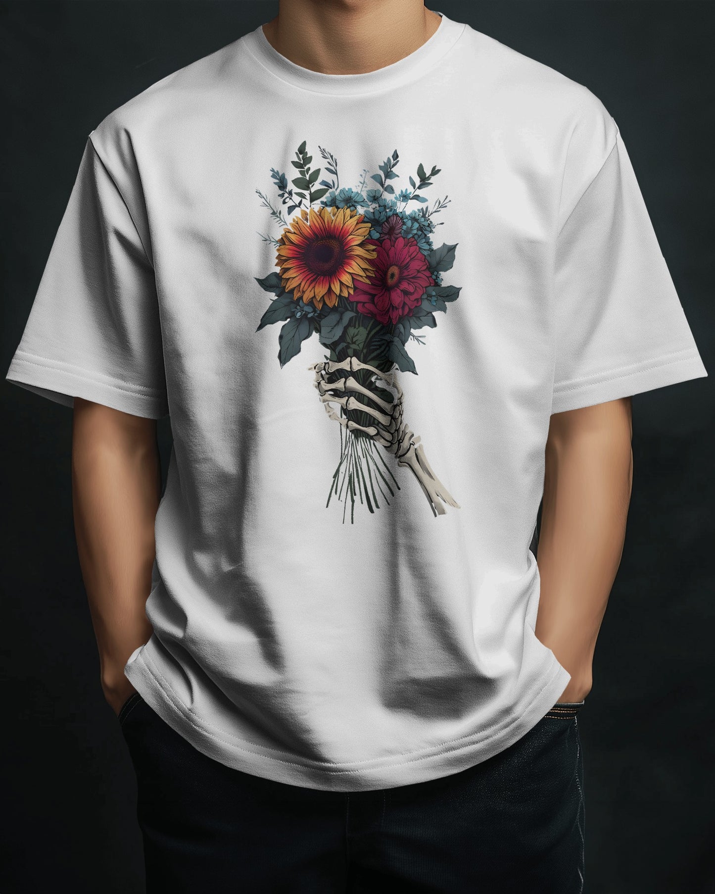 AVIKA- Unisex Front Printed Flower and Skull Hand Oversized T-shirt