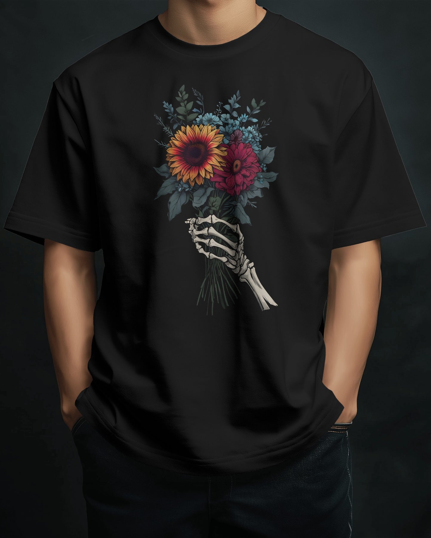 AVIKA- Unisex Front Printed Flower and Skull Hand Oversized T-shirt
