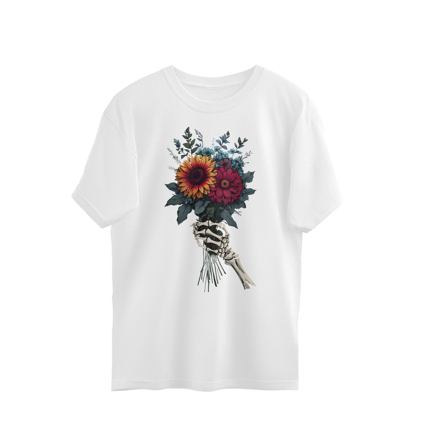 AVIKA- Unisex Front Printed Flower and Skull Hand Oversized T-shirt