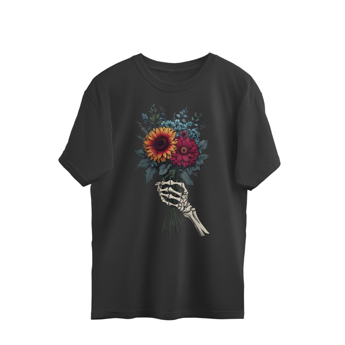 AVIKA- Unisex Front Printed Flower and Skull Hand Oversized T-shirt