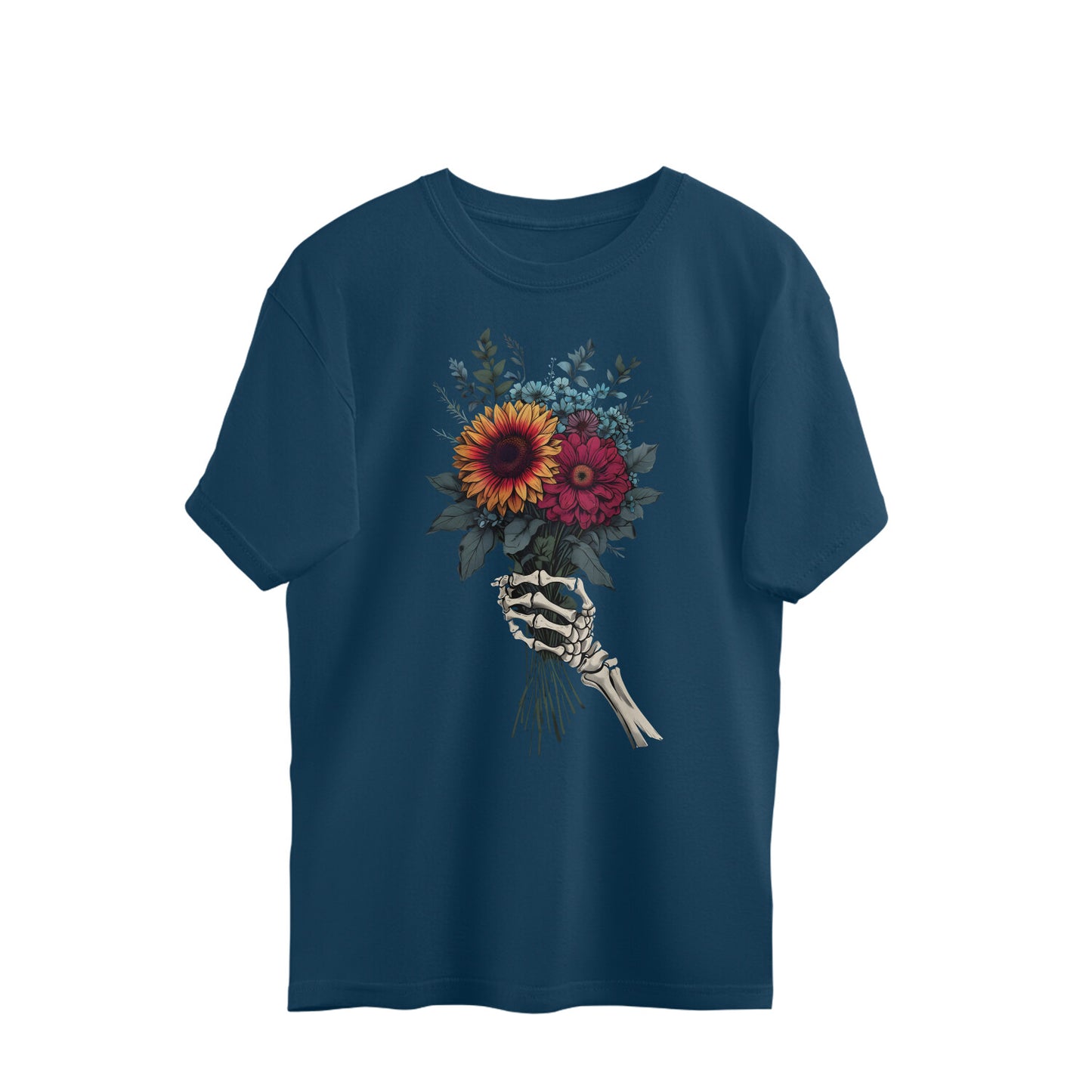 AVIKA- Unisex Front Printed Flower and Skull Hand Oversized T-shirt