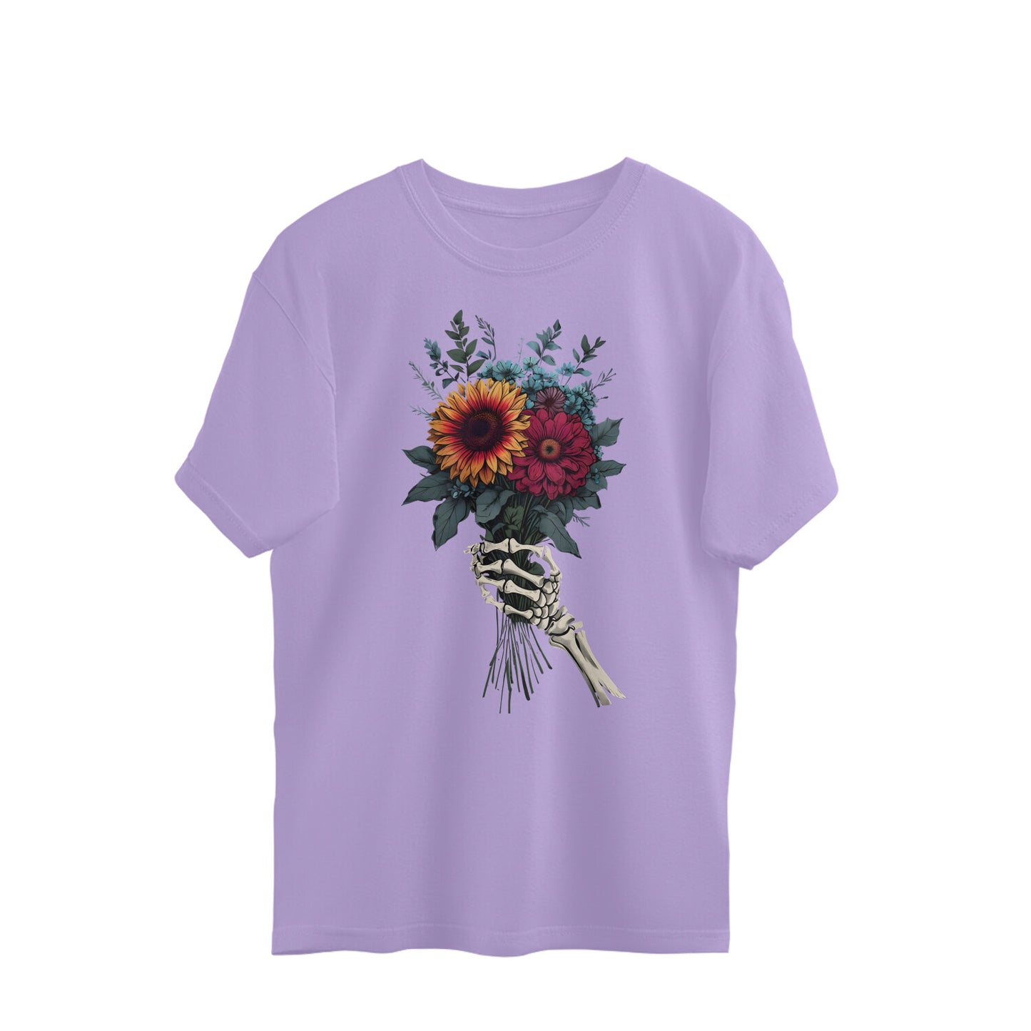 AVIKA- Unisex Front Printed Flower and Skull Hand Oversized T-shirt