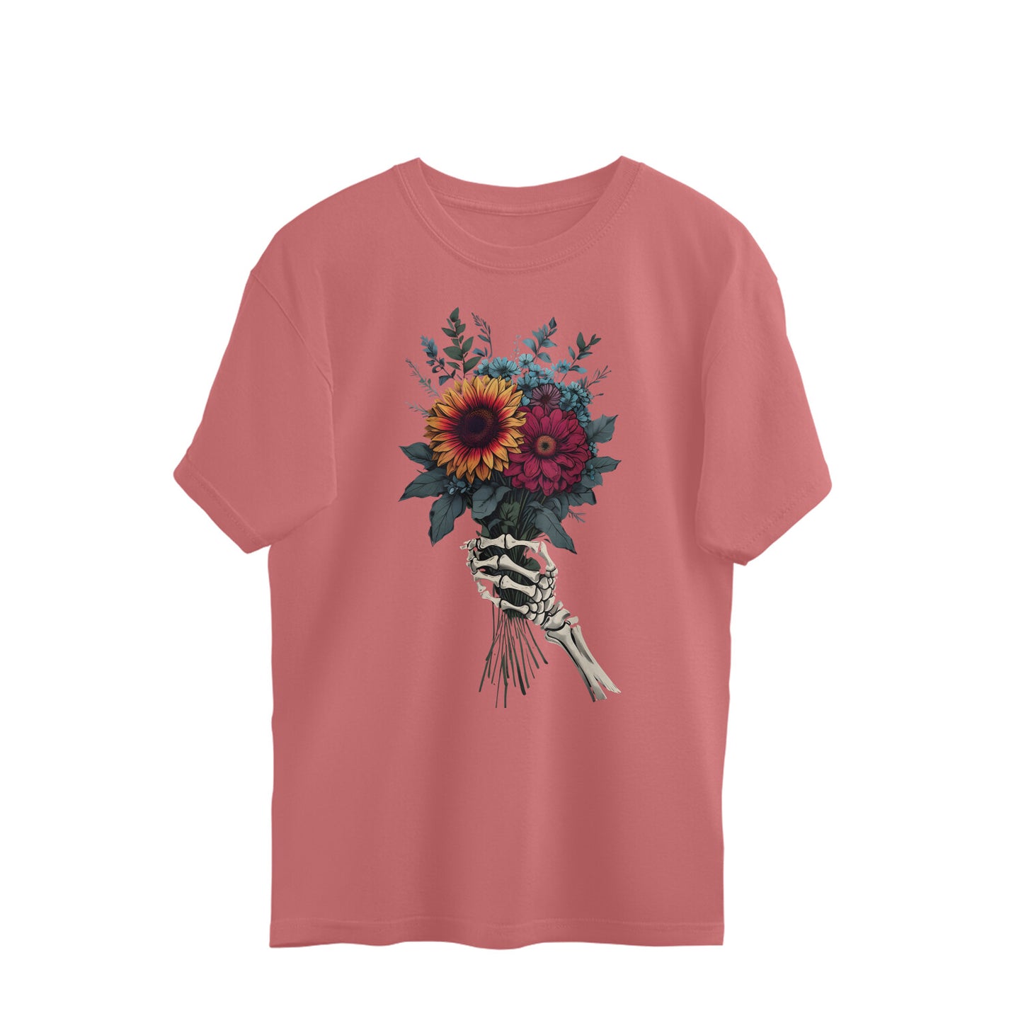 AVIKA- Unisex Front Printed Flower and Skull Hand Oversized T-shirt