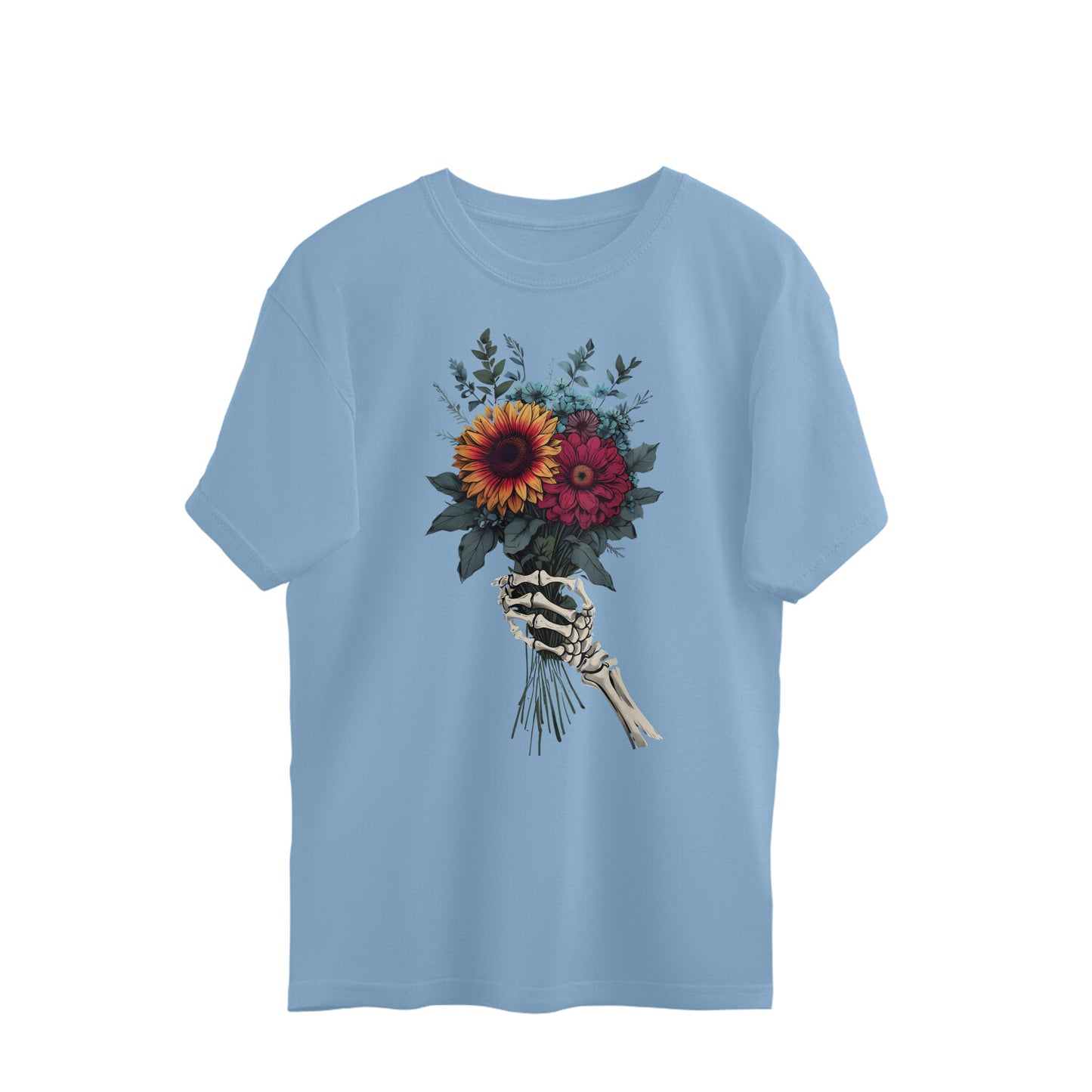 AVIKA- Unisex Front Printed Flower and Skull Hand Oversized T-shirt